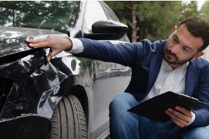 An insurance provider looking at damage to a ca